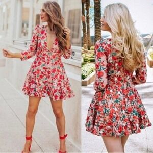 Lovers + Friends Red Floral Embroidered Lace Mini Dress Deep V Neck NWT L